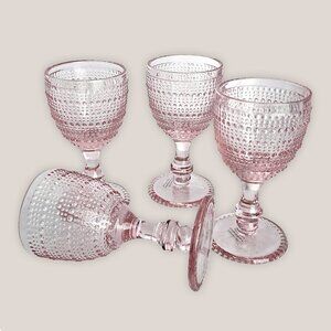 Set of 4 Textured Pink Wine Water Glasses Bubble Pearl Stem Glassware
